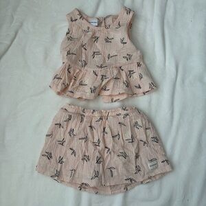 Pink Sleeveless Top and Skort Set with Black Leaf Print